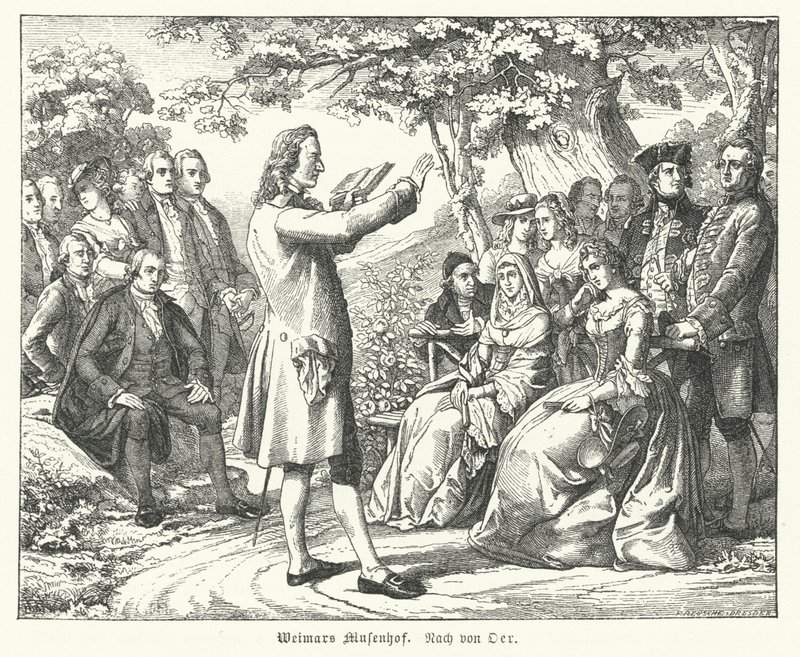 Der Weimarer Musenhof: Der deutsche Dichter und Dramatiker Friedrich Schiller liest im Schloss Tiefurt, mit Christoph Martin Wieland, Johann Wolfgang Goethe und Johann Gottfried Herder unter den Zuhörern von Theobald Reinhold von Oer
