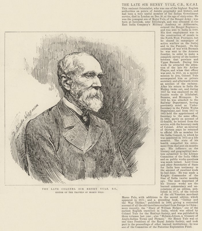 Der verstorbene Oberst Sir Henry Yule, RE, Herausgeber von Die Reisen des Marco Polo von Theodore Blake Wirgman