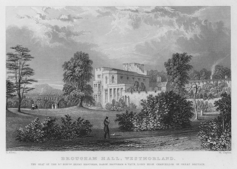 Brougham Hall, Westmorland, der Sitz von Henry Brougham, Baron Brougham und Vaux, Lord High Chancellor von Großbritannien (Stich) von Thomas (after) Allom