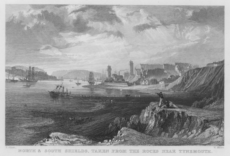 Nord- und Südschilde, von den Felsen bei Tynemouth aus gesehen (Stich) von Thomas (after) Allom