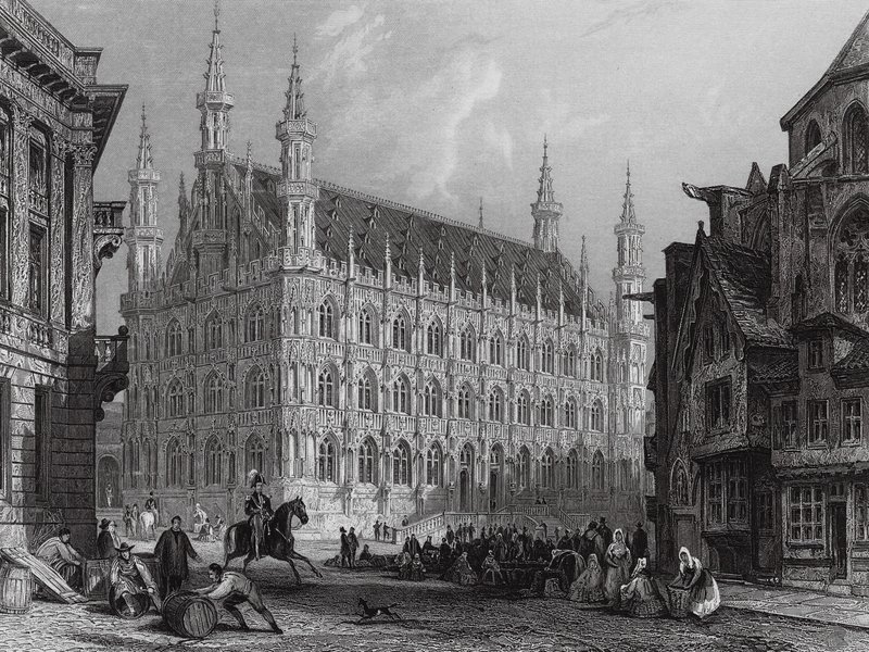 Rathaus von Louvain, mit einem Teil der Kathedrale von Thomas (after) Allom