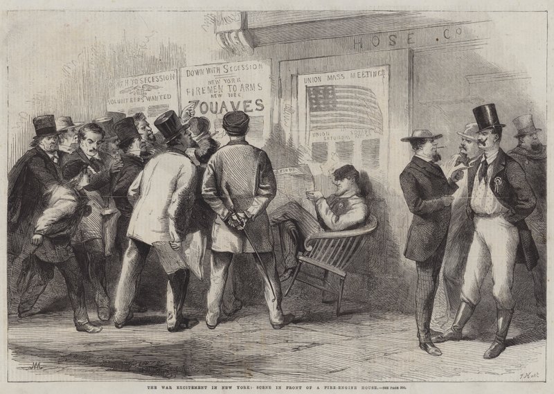 Die Kriegserregung in New York, Szene vor einem Feuerwehrhaus (Gravur) von Thomas (after) Nast