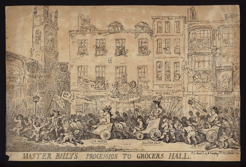 Meister Billys Prozession zur Grocers Hall; Politische Satire auf die Prozession von William Pitt dem Jüngeren zur Grocers Hall, um die Freiheit der Stadt London zu erhalten von Thomas (after) Rowlandson