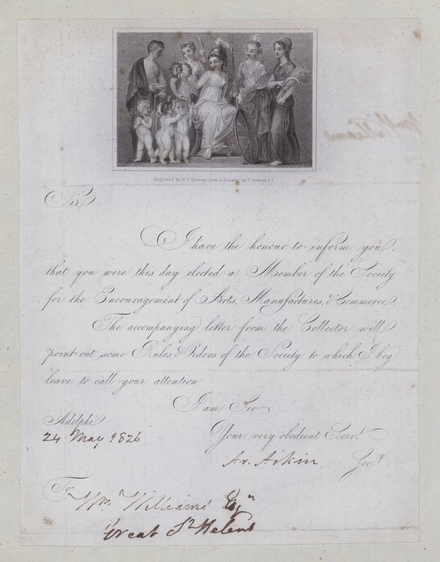 Bestätigungsschreiben der Wahl zur Mitgliedschaft in der Gesellschaft zur Förderung von Kunst, Manufakturen und Handel von Thomas (after) Stothard