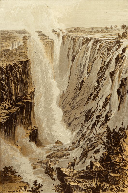 Die Victoriafälle, Sambesi, vom östlichen Ende der Schlucht (Chromolithografie) von Thomas Baines