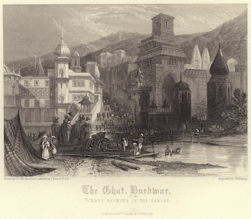 Das Ghat in Hurdwar mit Hindus, die im Ganges baden von Thomas Colman Dibdin