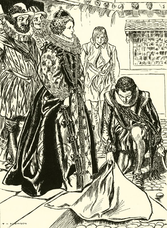 Raleigh breitet seinen Mantel vor Elizabeth aus (Gravur) von Thomas Heath Robinson