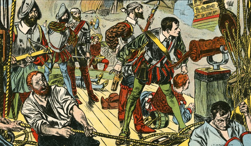 Die kleine "Revenge" kämpft gegen fünfzig spanische Galeonen von Thomas Heath Robinson