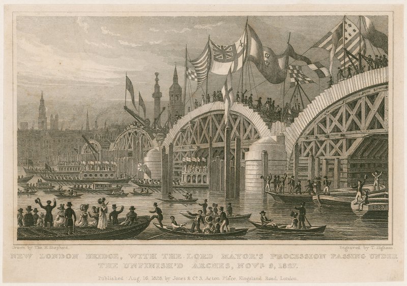 Bau der neuen London Bridge, 9. November 1827 von Thomas Hosmer Shepherd