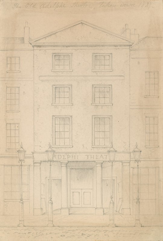 Originale Bleistiftskizze des Adelphi Theaters, London, von Thomas H Shepherd von Thomas Hosmer Shepherd