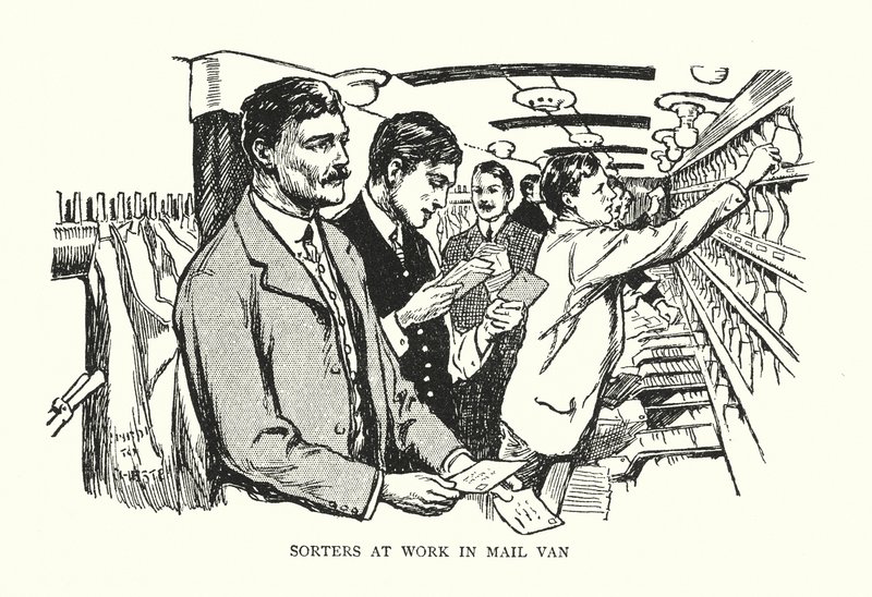 Sortierer bei der Arbeit im Postwagen (Lithografie) von Thomas Somerfield