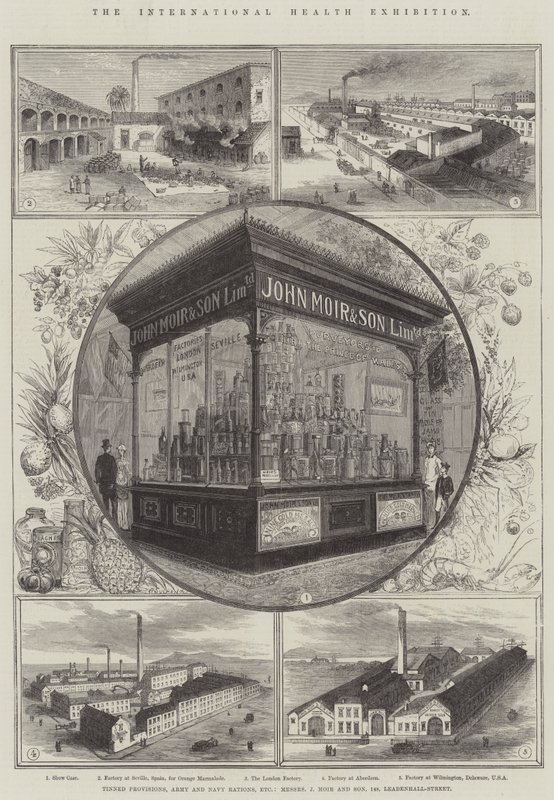 Die Internationale Gesundheitsausstellung, Konserven, Armee- und Marine-Rationen, etc., Messers J Moir und Sohn, 148, Leadenhall-Straße von Thomas Sulman