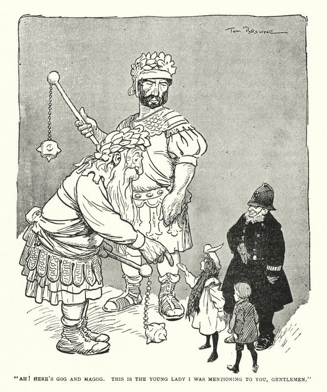 "Ah! Hier sind Gog und Magog, das ist die junge Dame, die ich Ihnen erwähnte, meine Herren" von Tom Browne