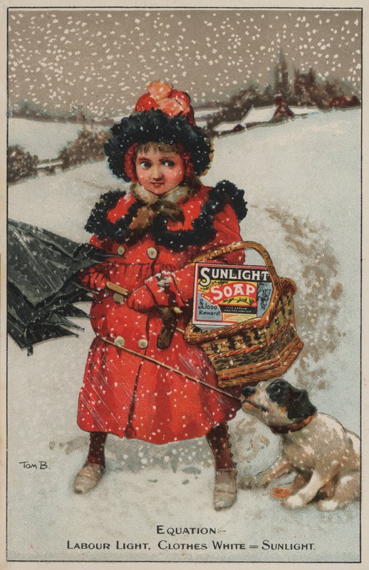 Mädchen geht im Schnee nach Hause: Werbung für Sunlight-Seife (Chromolithografie) von Tom Browne
