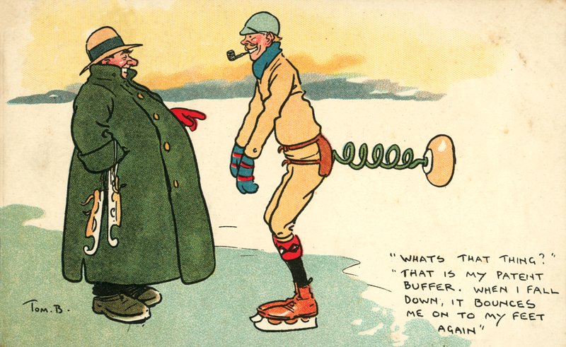 Mann mit einem Gerät, das ihn beim Eislaufen wieder auf die Füße bringt, wenn er hinfällt von Tom Browne