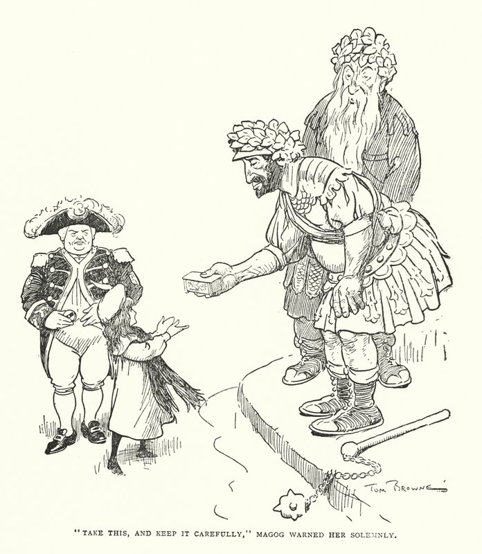"Nimm das und bewahre es sorgfältig auf," warnte Magog sie feierlich (Lithografie) von Tom Browne