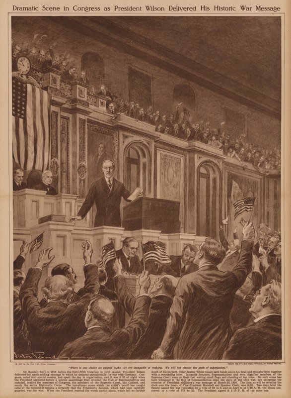 US-Präsident Woodrow Wilson bittet den Kongress, Deutschland den Krieg zu erklären von V. Perard