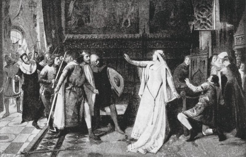 Maria de Molina wehrt die Adligen ab (Lithografie) von Vicente Borras Abella