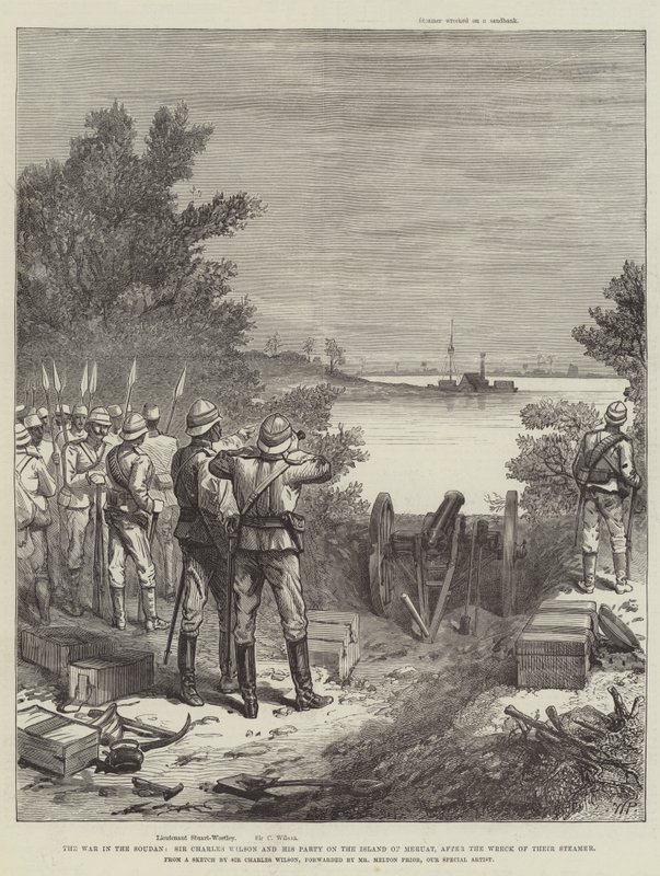 Der Krieg im Sudan, Sir Charles Wilson und seine Gruppe auf der Insel Meruat nach dem Wrack ihres Dampfers von Walter Paget