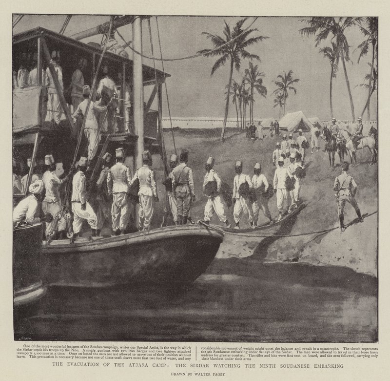 Die Evakuierung des Atbara-Lagers, der Sirdar beobachtet das Einschiffen des neunten sudanesischen Regiments von Walter Stanley Paget