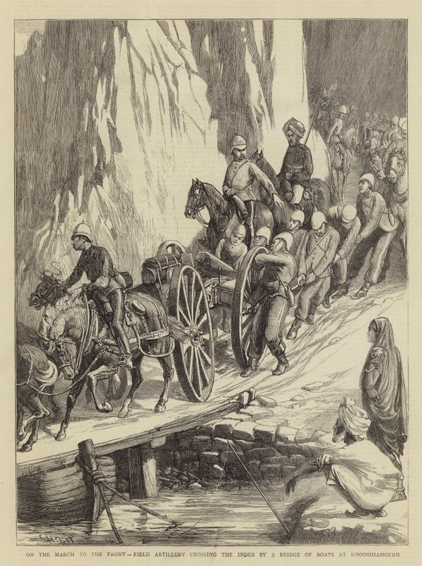 Auf dem Marsch zur Front, Feldartillerie überquert den Indus auf einer Pontonbrücke bei Khooshiahgurh von Walter Charles Horsley