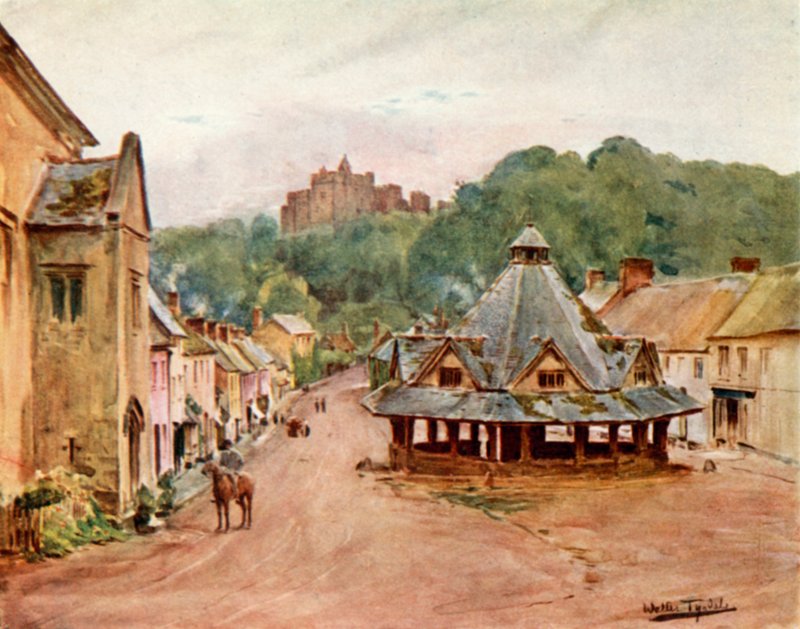 Dunster Castle und Yarn Market (Farblithografie) von Walter Frederick Roofe Tyndale