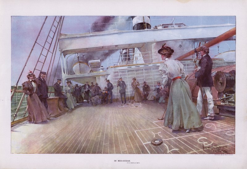 Mitten im Ozean: Passagiere genießen ein Shuffleboard-Spiel an Bord eines Schiffes von Walter Granville Smith