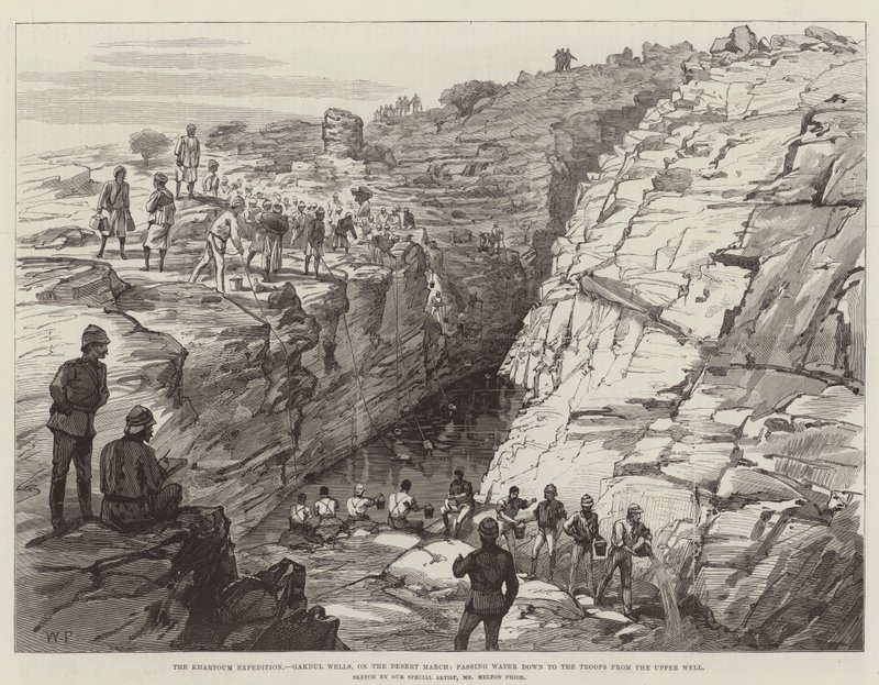 Die Khartum-Expedition, Gakdul Wells, auf dem Wüstenmarsch, Wasser wird von der oberen Quelle zu den Truppen gereicht von Walter Paget
