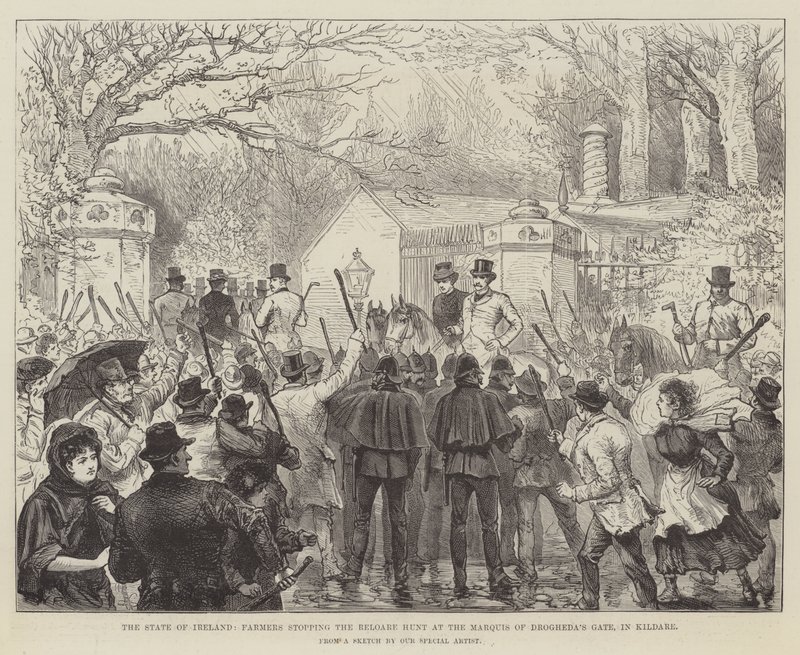 Der Zustand Irlands, Bauern stoppen die Reloare-Jagd am Tor des Marquis von Drogheda in Kildare von Walter Paget