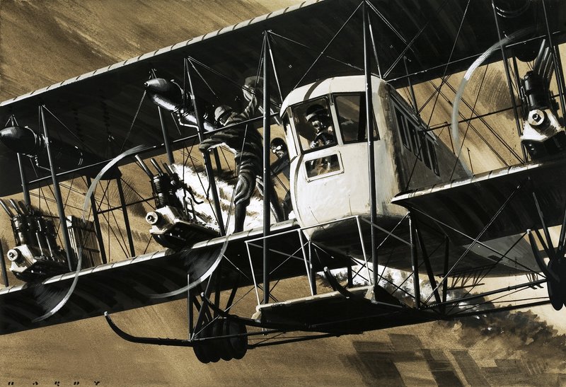 Zwei Besatzungsmitglieder zwischen den Drähten und Streben eines Ilia Mourometz II Bombers beim Löschen eines Triebwerksbrandes von Wilf (20th century) Hardy