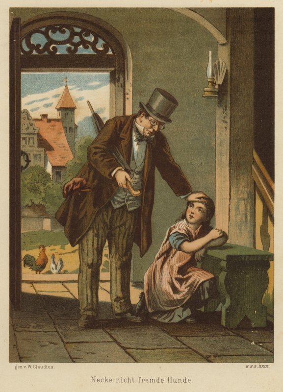 Vater tröstet seine Tochter, nachdem sie die Folgen des Hänselns eines Hundes erlitten hat von Wilhelm Ludwig Heinrich Claudius