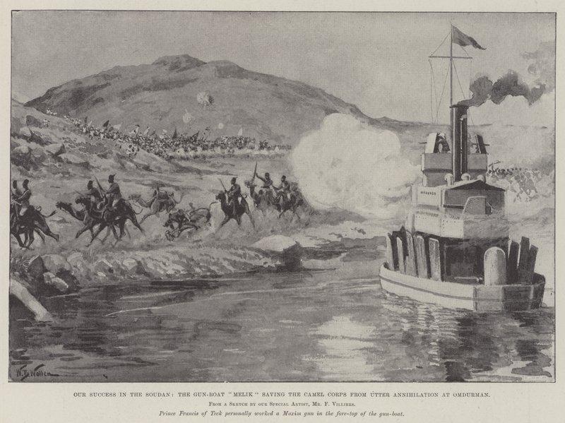 Unser Erfolg im Sudan, das Kanonenboot Melik rettet das Kamelkorps vor der völligen Vernichtung bei Omdurman von William Barnes Wollen