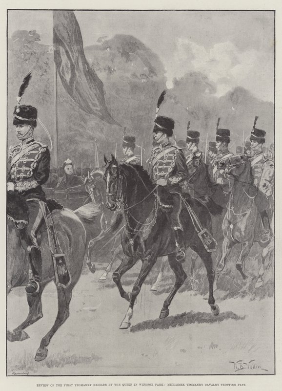 Überprüfung der ersten Yeomanry Brigade durch die Königin im Windsor Park, Middlesex Yeomanry Kavallerie im Trab von William Barnes Wollen