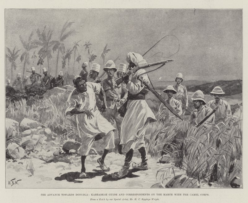 Der Vormarsch nach Dongola, Kabbabesh-Führer und Korrespondenten auf dem Marsch mit dem Kamelkorps von William Barnes Wollen