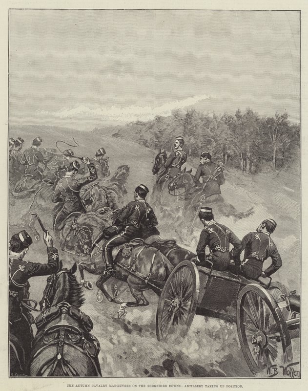 Die Herbstmanöver der Kavallerie auf den Berkshire Downs, Artillerie nimmt Stellung ein von William Barnes Wollen