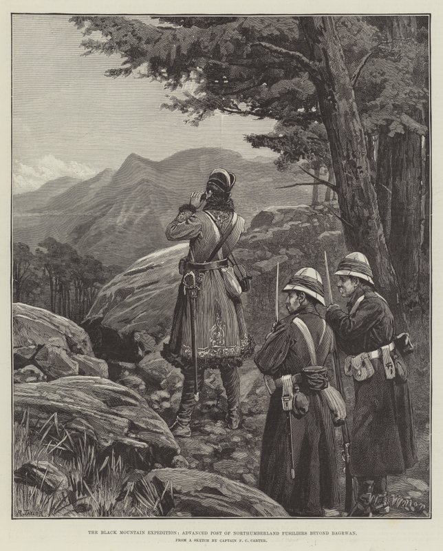 Die Schwarze Berg-Expedition, Vorposten der Northumberland Fusiliers jenseits von Bagrwan von William Barnes Wollen