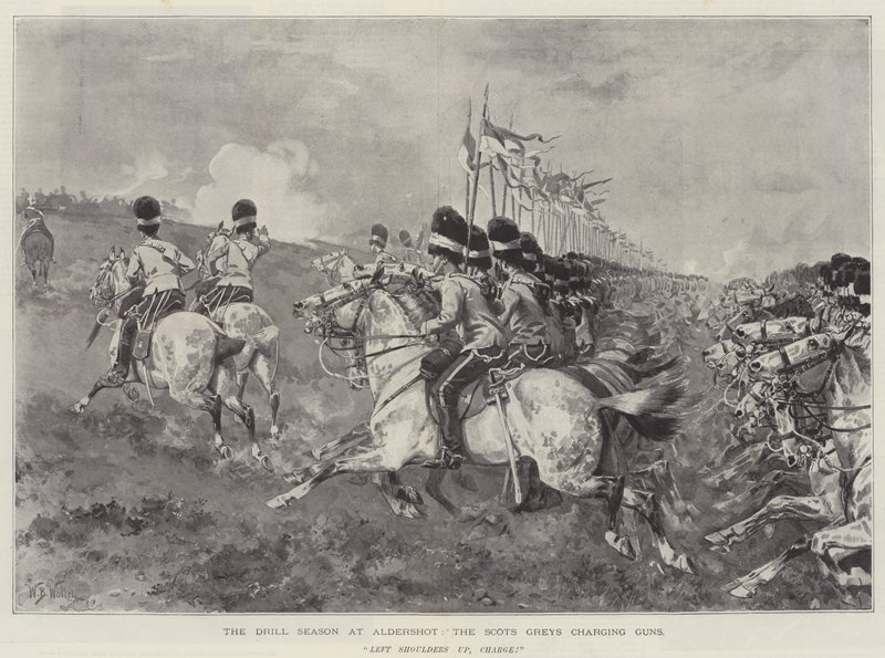 Die Drill-Saison in Aldershot, die Scots Greys greifen Kanonen an von William Barnes Wollen