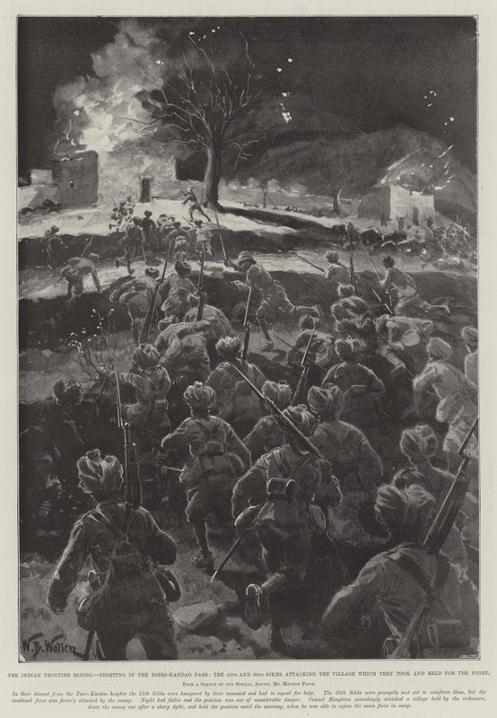 Der Aufstand an der indischen Grenze, Kämpfe im Tseri-Kandao-Pass, die 15. und 36. Sikhs greifen das Dorf an, das sie für die Nacht einnahmen und hielten von William Barnes Wollen