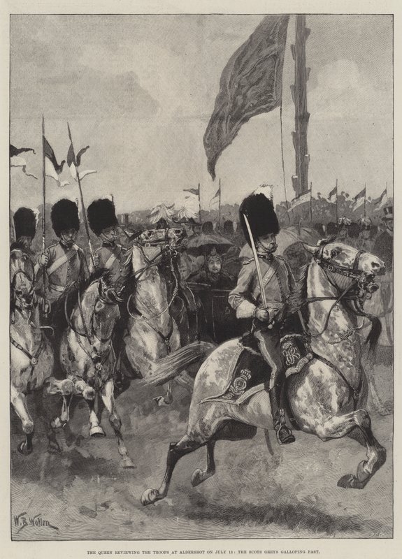 Die Königin inspiziert die Truppen in Aldershot am 13. Juli, die Scots Greys galoppieren vorbei von William Barnes Wollen