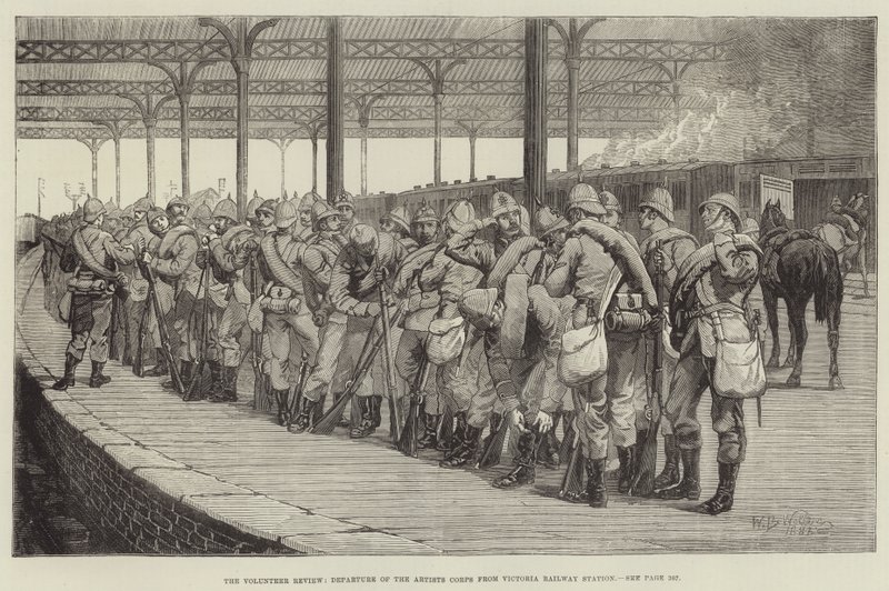 Die Freiwilligenüberprüfung, Abreise des Künstlerkorps vom Victoria-Bahnhof von William Barnes Wollen