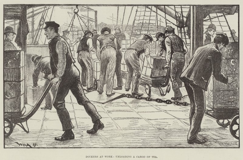 Hafenarbeiter bei der Arbeit, Entladen einer Teeladung von William Douglas Almond