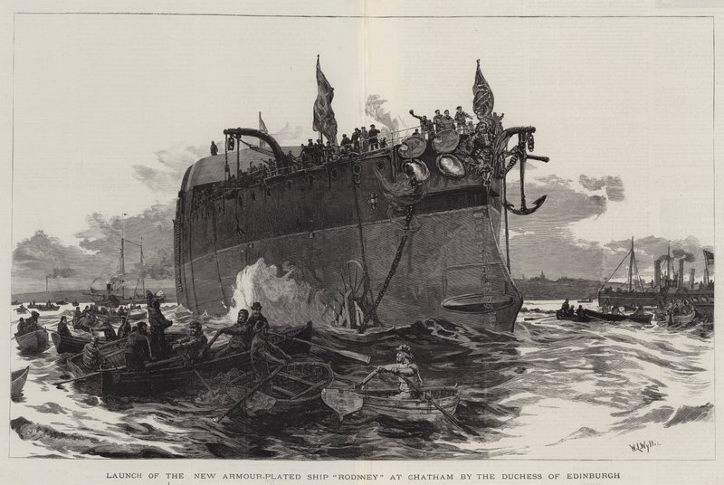 Stapellauf des neuen gepanzerten Schiffs Rodney in Chatham durch die Herzogin von Edinburgh von William Lionel Wyllie