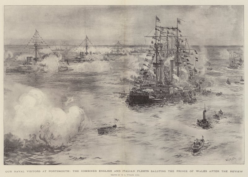 Unsere Marinebesucher in Portsmouth, die kombinierten englischen und italienischen Flotten salutieren dem Prinzen von Wales nach der Überprüfung von William Lionel Wyllie