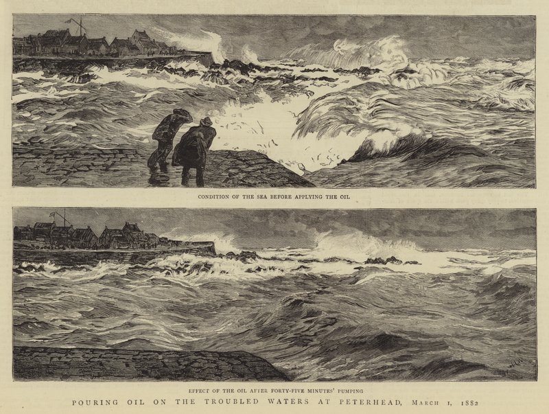Öl auf die aufgewühlten Gewässer bei Peterhead gießen, 1. März 1882 von William Lionel Wyllie
