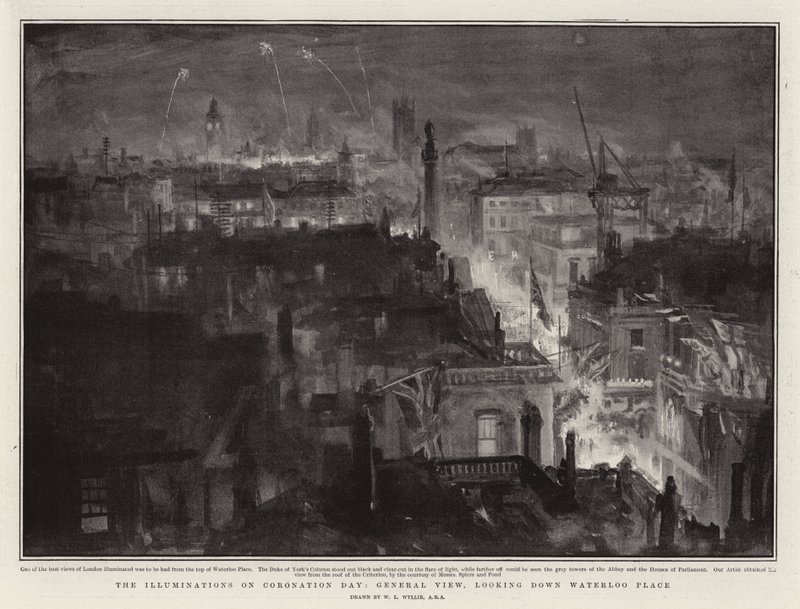 Die Illuminationen am Krönungstag, Gesamtansicht, Blick auf den Waterloo Place von William Lionel Wyllie