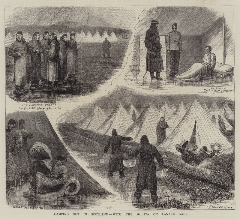 Camping in Schottland, mit der Miliz auf Lanark Muir von William Ralston