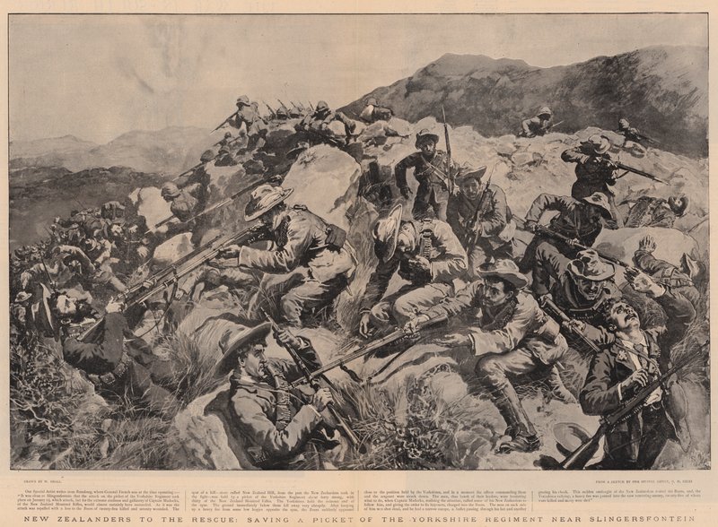 Neuseeländer zur Rettung, Rettung eines Vorpostens des Yorkshire-Regiments in der Nähe von Slingersfontein von William Small