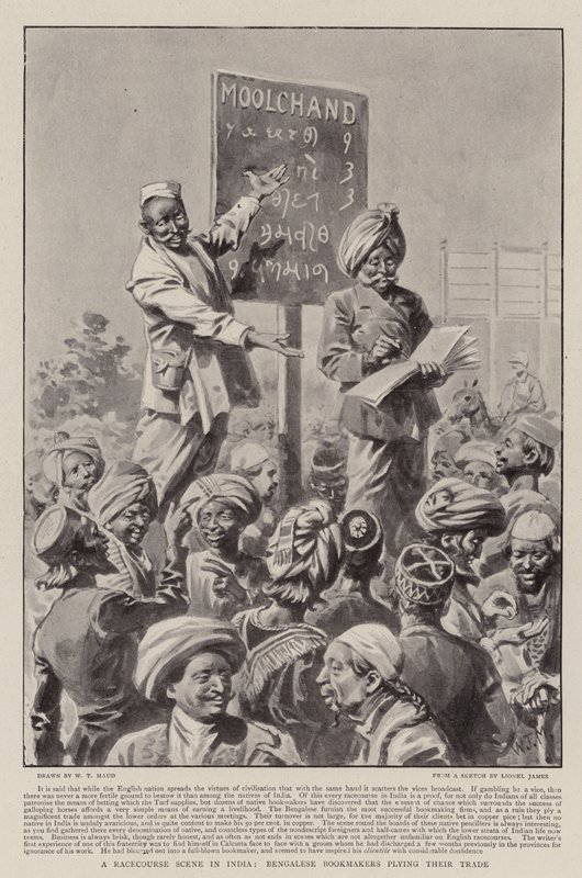 Eine Rennbahn-Szene in Indien, bengalische Buchmacher bei ihrer Arbeit von William T. Maud