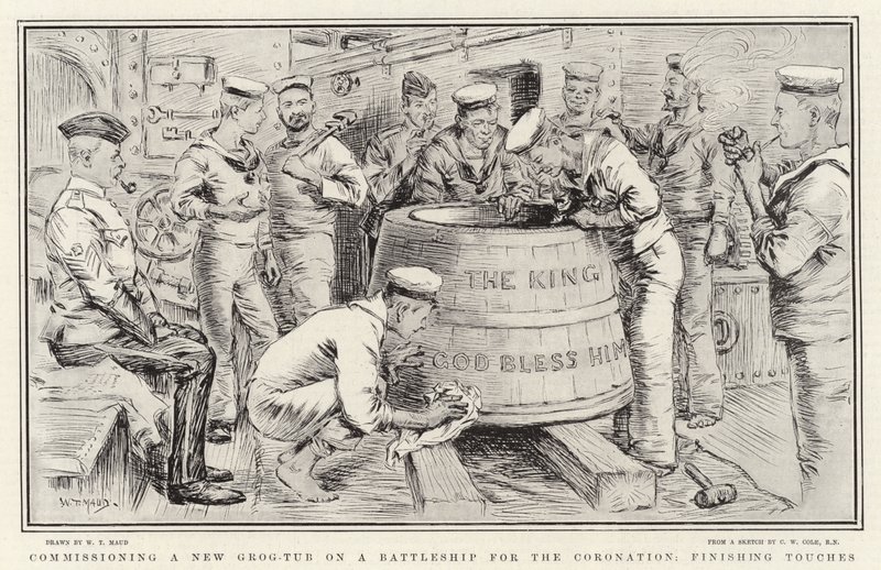 Einweihung eines neuen Grog-Fasses auf einem Schlachtschiff zur Krönung, letzte Handgriffe von William T. Maud