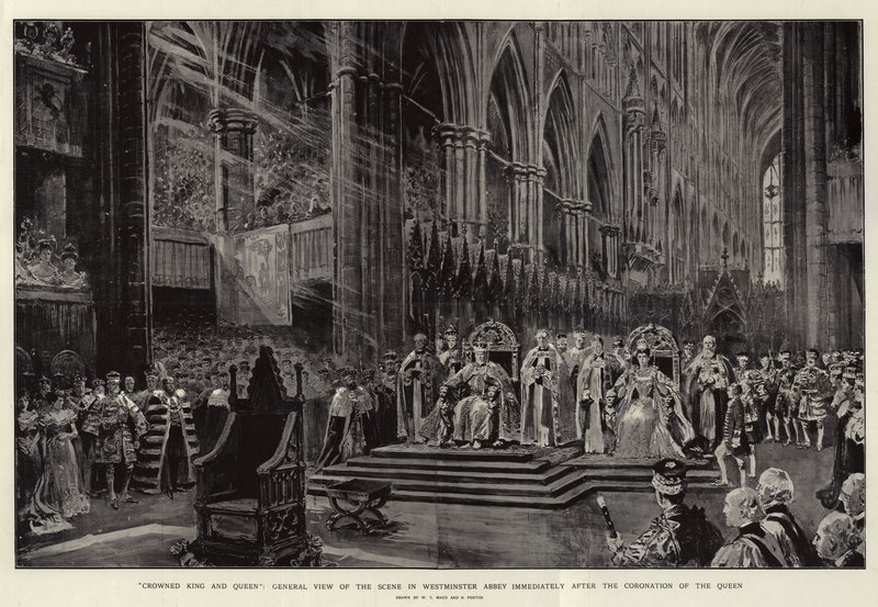 Gekrönter König und Königin, Gesamtansicht der Szene in der Westminster Abbey unmittelbar nach der Krönung der Königin von William T. Maud